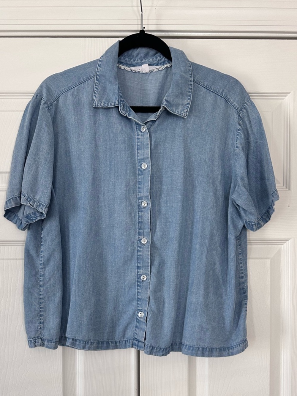 Light Blue Denim Button-Front Short Sleeve Top